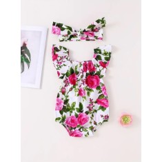 Body alb cu trandafiri roz ciclamen si cu bentita asortata (Marime Disponibila: