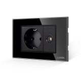Priza Schuko + priza TV Luxion cu rama din sticla neagra, standard italian 3M