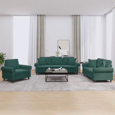 vidaXL Set canapea cu perne, 3 piese, verde &amp;icirc;nchis, catifea 3202192 foto