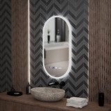 Oglinda baie LED ovala 50x100 cm Marcello Lucia &ndash; senzor, dimabila, dezaburire, ceas &amp; termometru