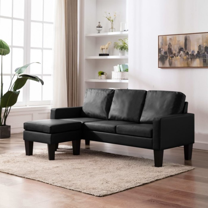 vidaXL Canapea cu 3 locuri și taburet, negru, piele ecologică 288767