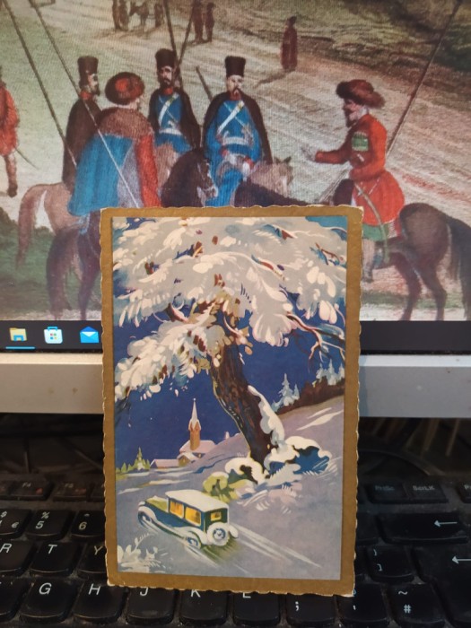 Autoturism pe drum &icirc;nzăpezit, spre sat, Felicitare, Desen, Mașini, 1933, 205