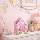 Cos decorativ de Paste din lemn, roz, model casa cu iepure, 11x8x15cm, CMCLASS
