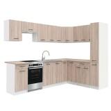Bucătărie de colț Praktik 360 cu carcasă albă, front stejar sonoma