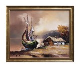 Cumpara ieftin Tablou apus de soare cu vela in Delta Dunarii pictat manual inramat, 55x45cm ulei pe panza, rama din lemn, Geo Ungureanu