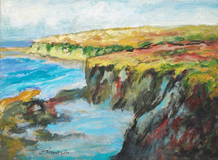 E56. Tablou, La malul oceanului, acrilic pe carton panzat, neinramat, 24x18 cm