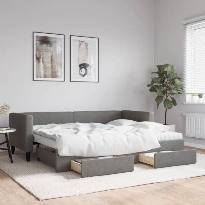 Pat de zi cu extensie și sertare, gri &icirc;nchis, 80x200 cm textil