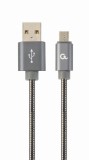 CABLU alimentare si date GEMBIRD, pt. smartphone, USB 2.0 (T) la Micro-USB 2.0 (T), 2m, premium, impletire din bumbac, gri-metalizat cu insertii albe,