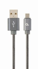 CABLU alimentare si date GEMBIRD, pt. smartphone, USB 2.0 (T) la Micro-USB 2.0 (T), 2m, premium, impletire din bumbac, gri-metalizat cu insertii albe, foto