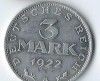 Moneda 3 mark 1922 A - Germania, Europa, Aluminiu