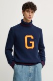 Gant pulover din amestec de lana barbati, culoarea albastru marin, cu guler, 8030218