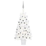 Brad Crăciun pre-iluminat artificial, set globuri, alb, 90 cm