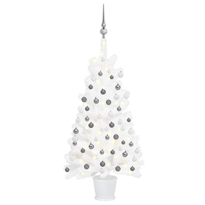 Brad Crăciun pre-iluminat artificial, set globuri, alb, 90 cm