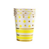 Set 10 pahare, flippy, imprimeu cu buline si dungi, din carton, 250 ml, 7.5 x 8.5 x 5.2 cm, galben/auriu