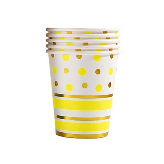 Set 10 pahare, flippy, imprimeu cu buline si dungi, din carton, 250 ml, 7.5 x 8.5 x 5.2 cm, galben/auriu