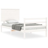 Cadru de pat cu tablie single, alb, lemn masiv