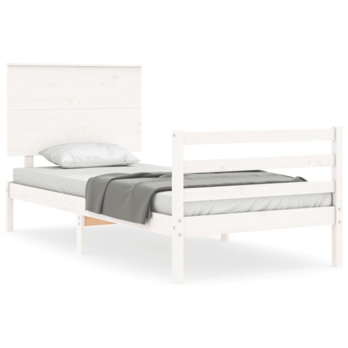 Cadru de pat cu tablie single, alb, lemn masiv