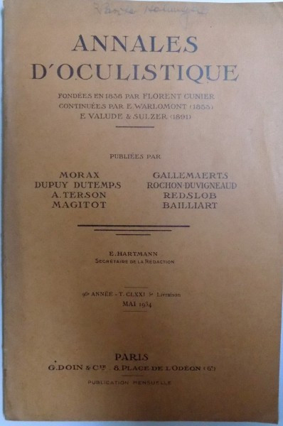 ANNALES D &#039; OCULISTIQUE , par MORAX..BAILLIART , MAI 1934
