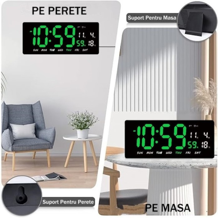 Ceas Digital de Masa si de Perete cu Lumina Led Verde, Tehnologie LED Fara Umbre, Calendar, Temperatura, Alarm