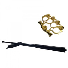 Set baston telescopic din otel, negru, 64 cm + box-rozeta craniu auriu