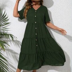 Rochie maxi cu maneca scurta si nasturi, verde, dama, Shein