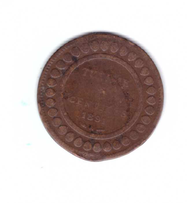 Moneda Tunisia 5 centimes 1891, uzata, lovita pe cant