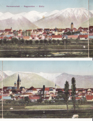 Sibiu, Hermannstadt - Vedere generala-diptic (2 cp) - rara foto