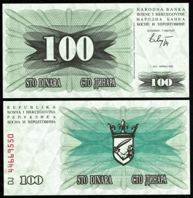 !!! BOSNIA - HERTEGOVINA - 100 DINARI 1992 - P 13 - UNC foto