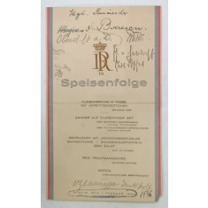 MENIUL UNUI DINEU OFICIAL IN LIMBA GERMANA , SPEISENFOLGE , BERLIN , 1936 , CU SEMNATURA PARTICIPANTILOR