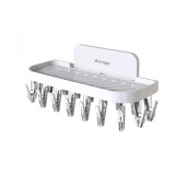Suport pentru baie, cu 17 cleme, autoadeziv, din ABS, pliabil, dimensiuni 36 x 15 x 14.5 cm, alb