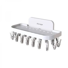 Suport pentru baie, cu 17 cleme, autoadeziv, din ABS, pliabil, dimensiuni 36 x 15 x 14.5 cm, alb