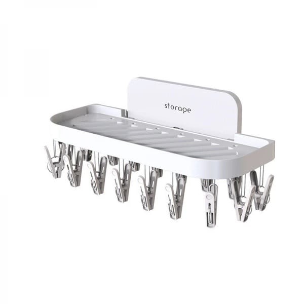 Suport pentru baie, cu 17 cleme, autoadeziv, din ABS, pliabil, dimensiuni 36 x 15 x 14.5 cm, alb