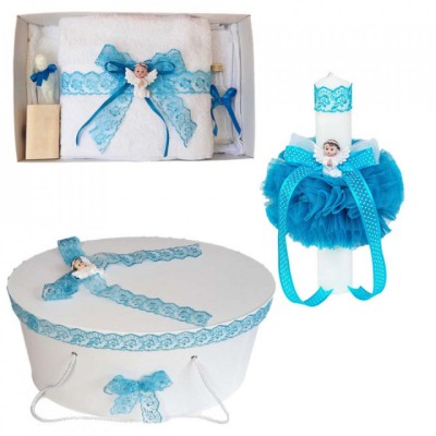 Set trusou botez, cutie trusou si lumanare, dantela si Ingeras, decor Turcoaz, foto
