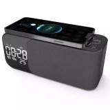 Radio FM portabil JEDI WD500 cu ceas, &icirc;ncărcare wireless 10W, boxă Bluetooth, alarmă dublă, termometru și lampă de veghe, baterie 1200 mAh (Pes Holdin