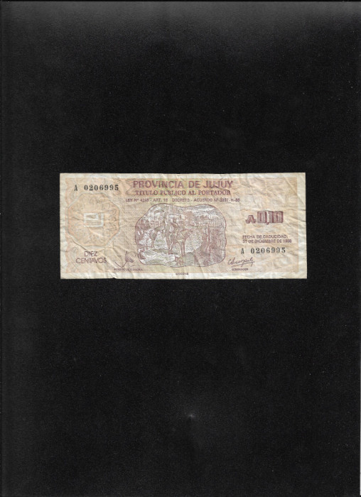 Rar! Argentina 10 centavos 0,10 austales 1988 Jujuy seria0206995