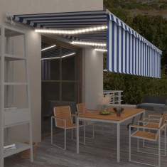 vidaXL Copertină automată cu stor&amp;LED&amp;senzor v&acirc;nt, albastru/alb, 6x3 m