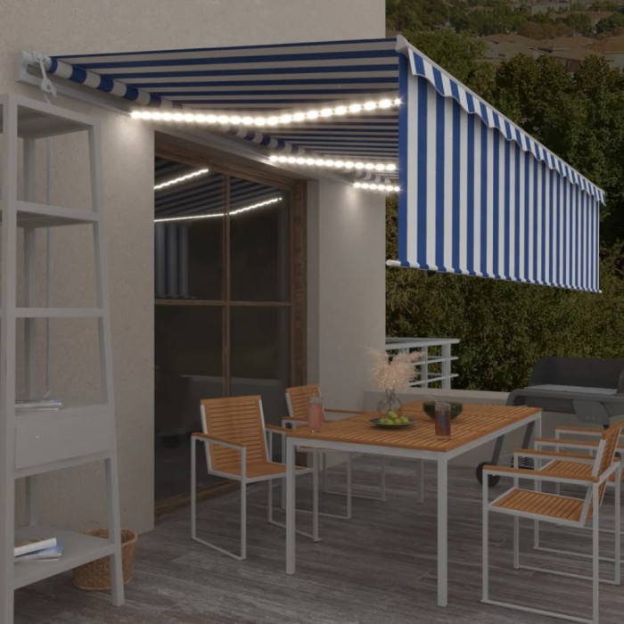 Copertină automată cu stor&amp;LED&amp;senzor v&acirc;nt, albastru/alb, 6x3 m