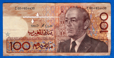 (1) BANCNOTA MAROC - 100 DIRHAMS 1987 (AH1407), PORTRET REGELE HASSAN II foto