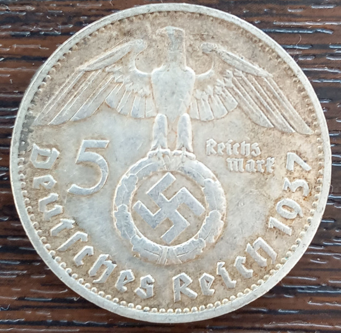 (A1031) MONEDA DIN ARGINT GERMANIA - 5 REICHSMARK 1937, LIT. D, VAR. CU SWASTIKA
