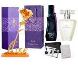 Set apa de toaleta Passion Dance Dark 50 ml, apa de parfum Rare Pearls 50 ml, card multifunctional, de supravietuire si trandafir auriu cu suport si c