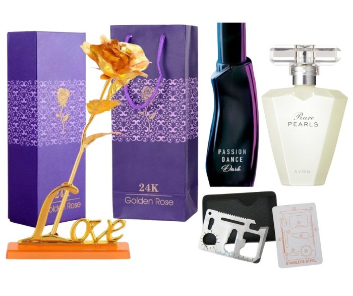 Set apa de toaleta Passion Dance Dark 50 ml, apa de parfum Rare Pearls 50 ml, card multifunctional, de supravietuire si trandafir auriu cu suport si c