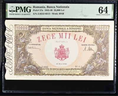 10000 lei Mai 1945 PMG64 UNC bancnota gradata foto