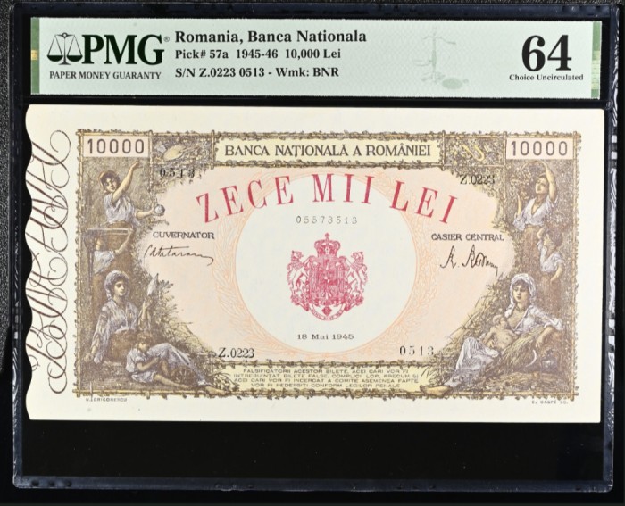 10000 lei Mai 1945 PMG64 UNC bancnota gradata