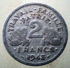 1.114 FRANTA VICHY WWII 2 FRANCS FRANCI 1943 foto