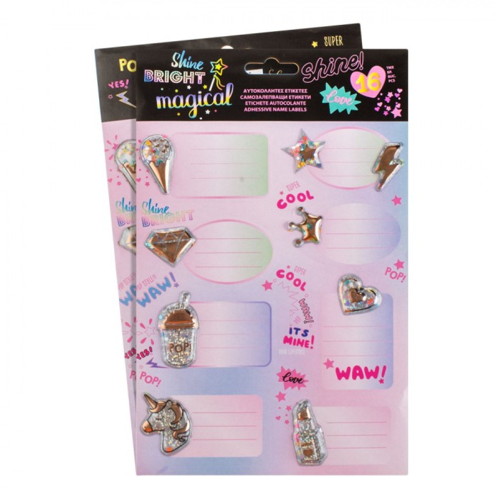 Set Etichete Autocolante, Puffy Glitter, Modele Inimi, Stele, Unicorn, Multicolor, 16 Bucăți