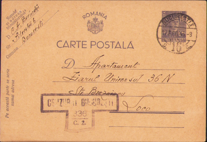 HST CP343 Carte poștală cenzurată 1943 C A Berindei către Ziarul Universul