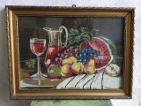 arta / design / vintage - Tablou goblen / cusatura natura statica cu fructe si vin mijlocul sec XX !