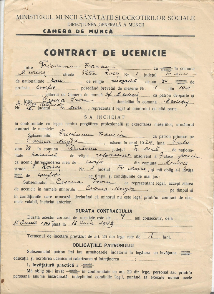 A1294 Contract ucenic coafor 1945 Medias proprietar evreu Friedmann  Francisc | arhiva Okazii.ro