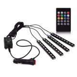 Cumpara ieftin Set 4 benzi LED RGB pentru interior auto, cu 9 LED-uri pe fiecare banda, telecomanda inclusa, rezistente la apa, plastic si silicon, negre