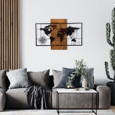 Decoratiune de perete lemn Harta Lumea, Negru, 85x58 cm